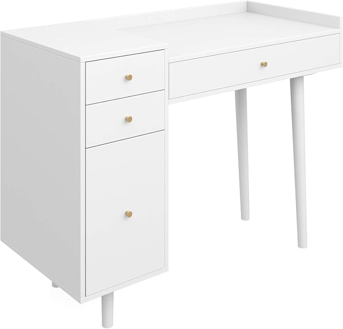 Nathan James Daisy Vanity Dressing Table or Makeup Desk with 4-Drawers and Brass Accent Knobs, White Wood - Image 9