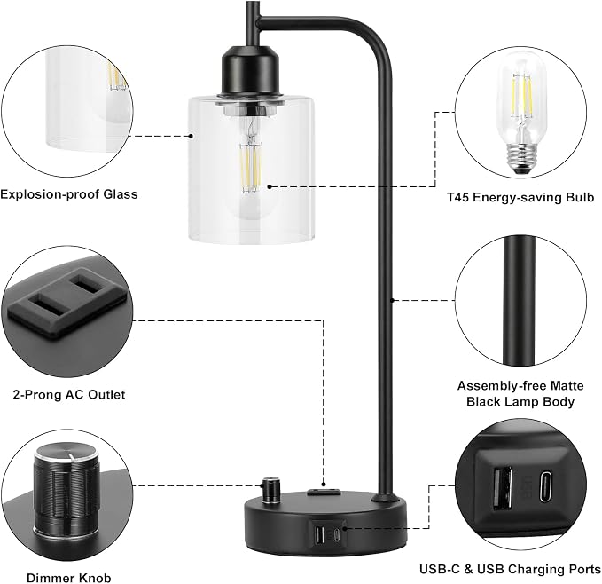 Industrial Nightstand Lamps for Bedrooms Set of 2 - Fully Dimmable Bedside Lamps with USB A C Ports and Outlet, Black Table Lamps with Clear Glass Shade for Living Room, Desk Lamps for Office Reading - Image 5