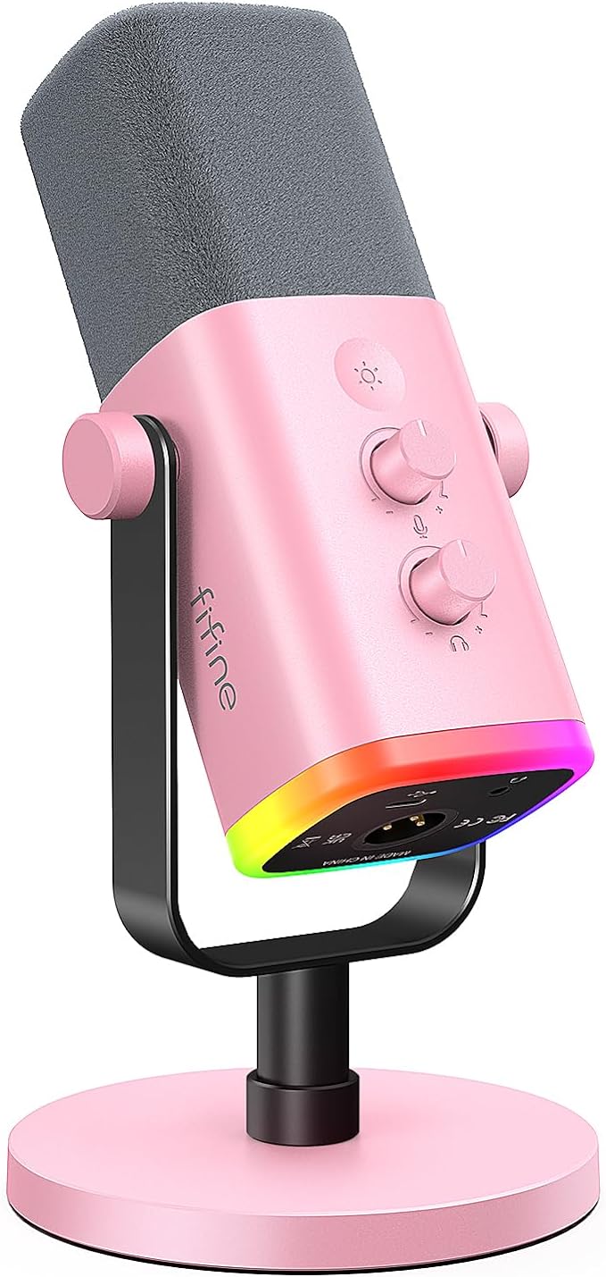 FIFINE AmpliGame AM8P XLR/USB Dynamic Microphone for Gaming Recording | PC Microphone with Controllable RGB, Headphones Jack, Mute Button, for Streaming Podcasting Voice-Over YouTube Video, Pink by FIFINE