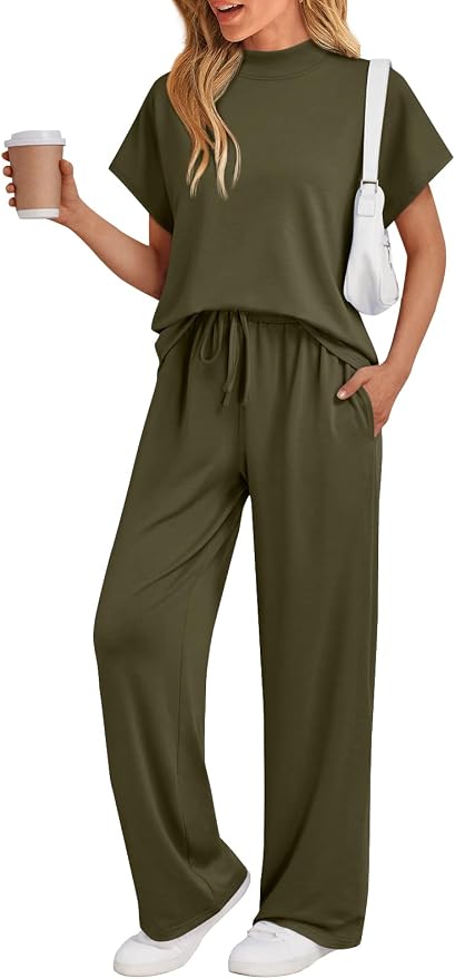 AUTOMET Women's 2 Piece Matching Lounge Sets 2026 Summer Mock Neck Sweatsuits Short Sleeve Loungewear Travel Outfits by AUTOMET