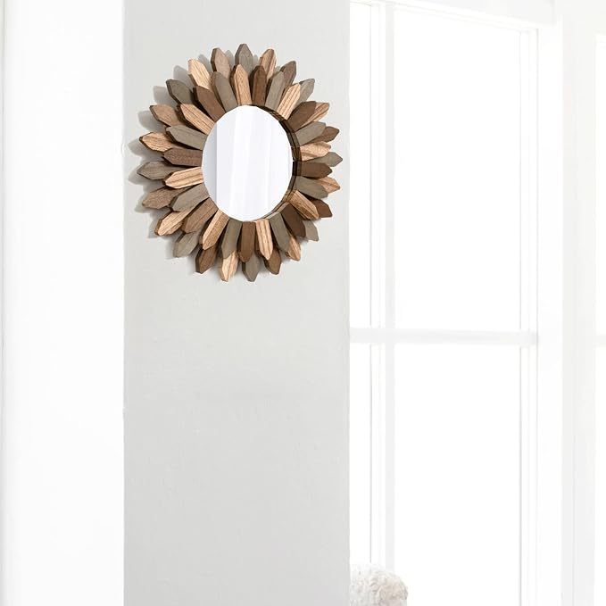 Honiway Boho Wall Decor Mirror 2 Pack 12 inch Rustic Wood Decorative Mirror for Room Decor Rustic Farmhouse Wall Decor for Bedroom Bathroom Living Room Entryway Tril Color - Image 3