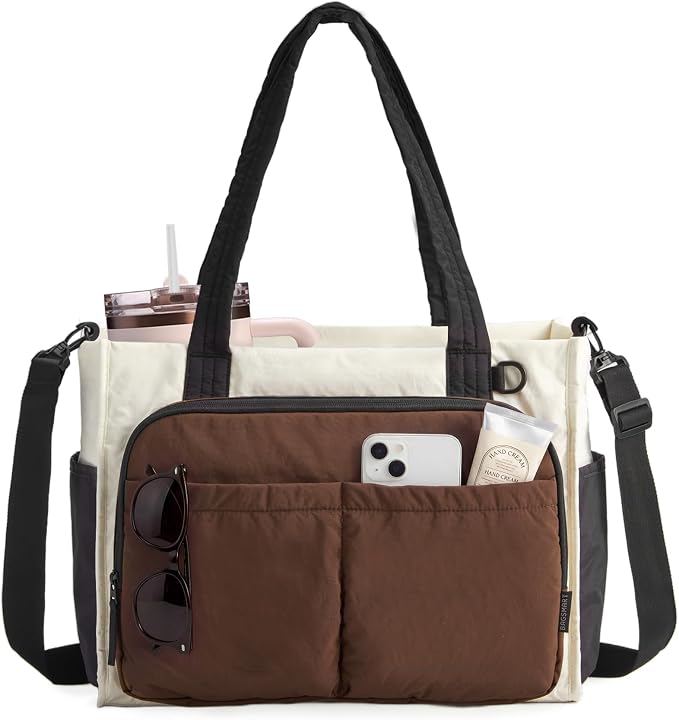BAGSMART Small Tote Bag for Women, 13'' Laptop Canvas Work Bag with Zipper | 30oz/40oz Tumble & 11 Pockets Travel Tote, Teachers/Nurses, Lightweight Canvas or Water-Resistant Puffer Taslon Crossbody Bag by BAGSMART