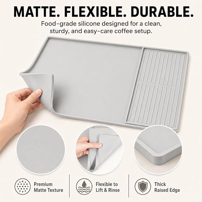 Silicone Coffee Mat 24 x 16 in with Tray, Minimal Light Gray | Coffee bar mat for countertop use, coffee station mat or coffee machine mat with removable tray and 0.47 in raised rim. - Image 5
