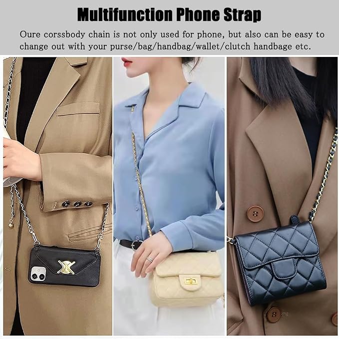 Phone Crossbody Chain Cell Phone Lanyard,Leather+Metal Shouder Strap Universal Cellphone Chain Strap with Tether Patches Compatible with Most Phones Bag Purse Silver+White - Image 7