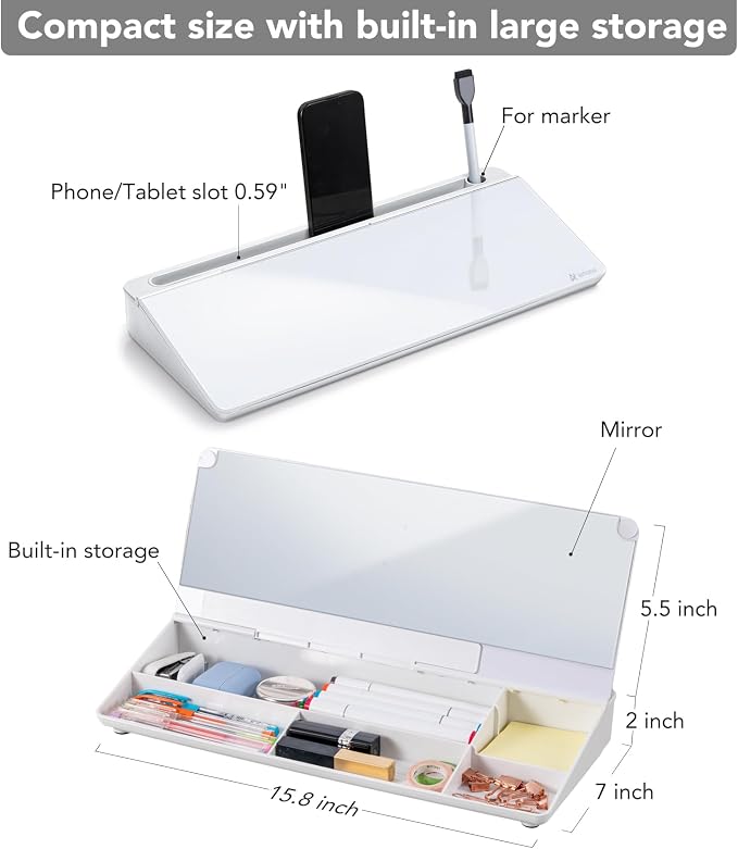 Varhomax Glass Desk Whiteboard with Built-in Mirror, Desktop Organizer Dry Erase White Board with Storage, to Do List Memo Notepad for Home Office and School Supplies - Image 5