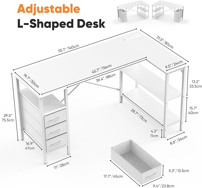 DUMOS L Shaped Desk with Drawers, Gaming Desk, 55 Inch | Power Outlet, Study Table, Adjustable Shelves, Home Office, Corner Computer Workstation, Bedroom, White - Image 3