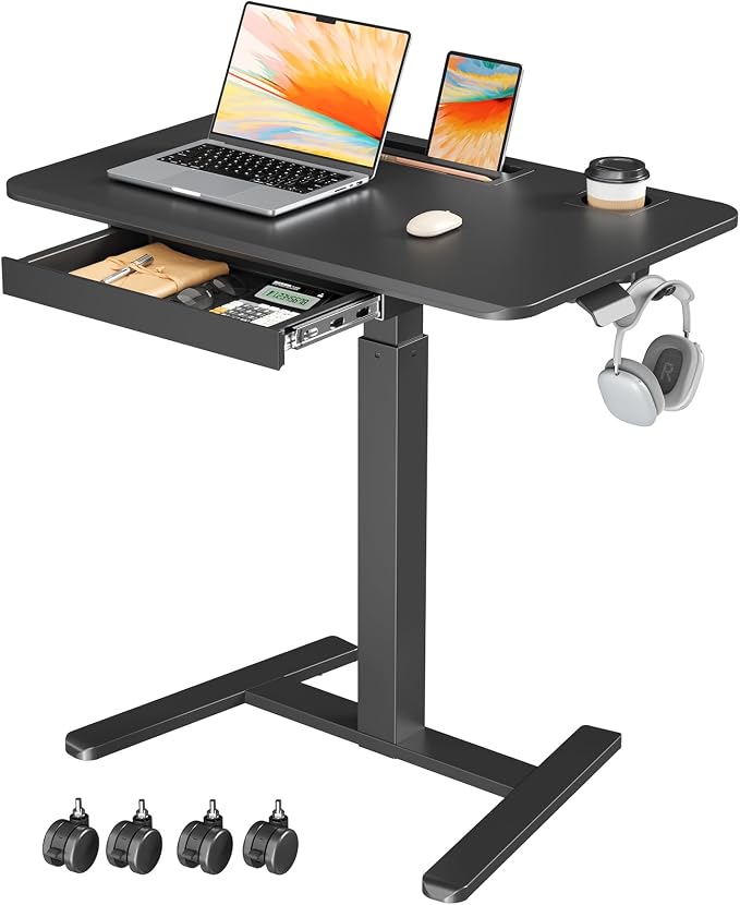 32" Mobile Desk with Drawer, Rolling Standing Desk on Wheels | Height Adjustable Desk with Cup Holder and Hooks, Portable Laptop Cart with Storage for Home Office, Black by JYLHJOYSEEKER