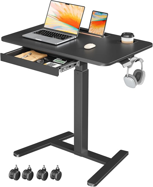 32" Mobile Desk with Drawer, Rolling Standing Desk on Wheels | Height Adjustable Desk with Cup Holder and Hooks, Portable Laptop Cart with Storage for Home Office, Black by JYLHJOYSEEKER