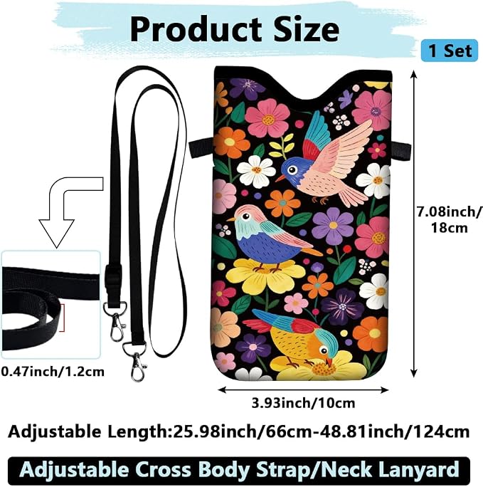 Floral Phone Pouch Phone Crossbody Sleeve Birds Colorful Nylon Neoprene Waterproof Cellphone Bag Case with Strap Neck Lanyard Protective Carrying Cover Fits Most Smartphones 7.1 x 3.9 Inch - Image 2