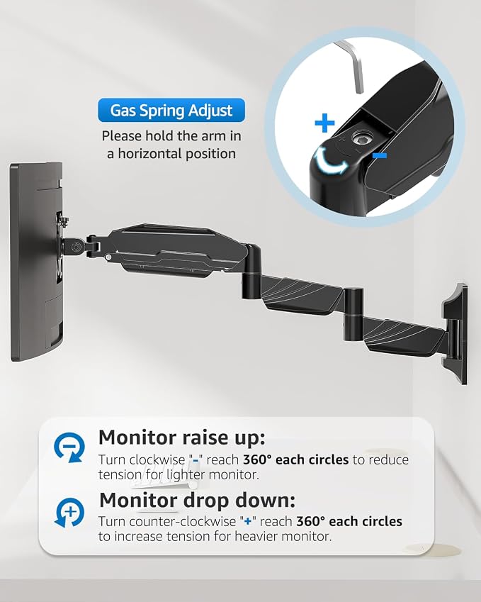Long Arm Monitor Wall Mount for Max 32 inch Computer Screen, Extra Long Adjustable Single Wall Mount Monitor Arm, Full Motion Vesa Wall Bracket 100x100, Hold up to 17.6lbs, Black - Image 6