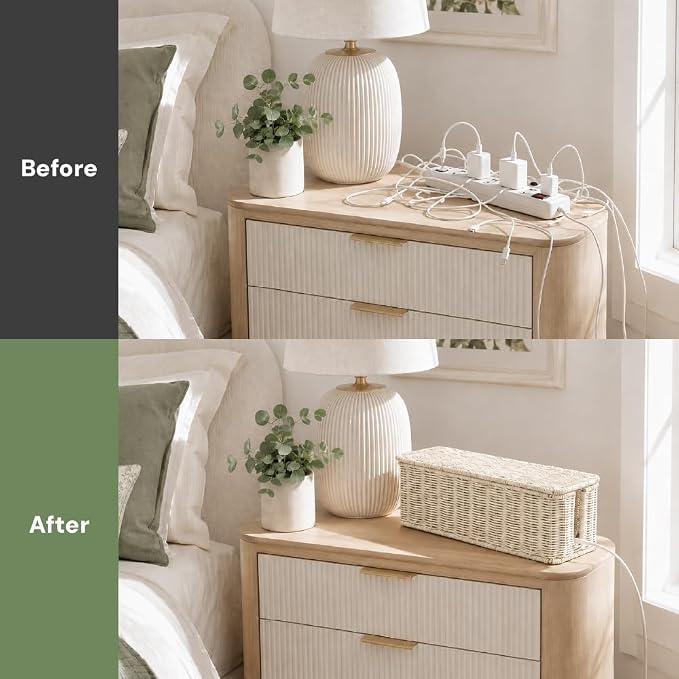 Cable Management Box, Handmade Rattan Cable Organizer with 2 Open Slots, Cord Hider for Power Strip, Router & USB Hub, Registered U.S. Design Patent (D1,112,102), 13" x 5.1" x 5.1", White - Image 5