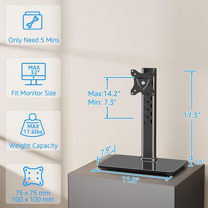 MOUNTUP Monitor Stand for Desk, Freestanding Monitor Mount Fits 13-32 inch Screen up to 17.6 lbs, Screen Stand with Swivel, Height, Rotation Adjustment, VESA Mount 100 x 100mm, 75 x 75mm - Image 2