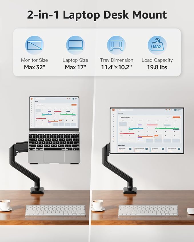 MOUNTUP Laptop Stand for Desk, Adjustable Aluminum Laptops Arm Mount for 14-17 Inch Notebook & 32" Monitor, Laptops Arm for Desk Support for 2.2-19.8lbs, 2-in-1 Laptop Desk Mount with Clamp/Grommet - Image 2