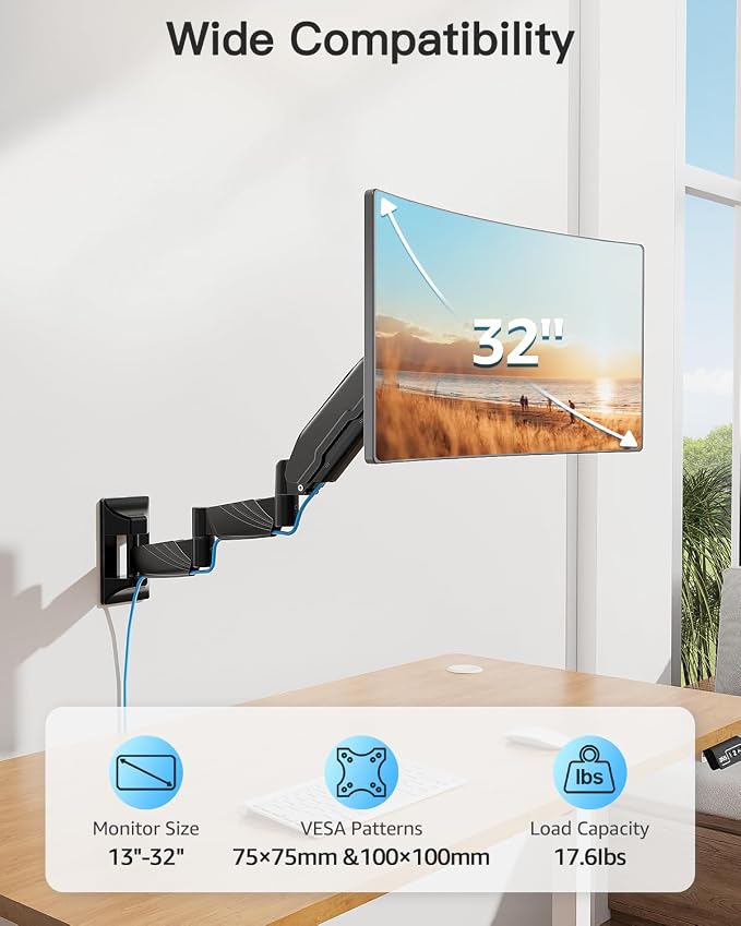 Long Arm Monitor Wall Mount for Max 32 inch Computer Screen, Extra Long Adjustable Single Wall Mount Monitor Arm, Full Motion Vesa Wall Bracket 100x100, Hold up to 17.6lbs, Black - Image 4