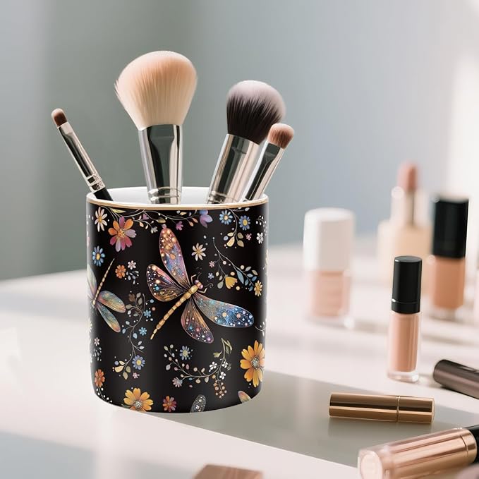 Pen Holder, Pencil Cup for Desk, Cute Makeup Brush Holder, Durable Ceramic Organizer Decor for Room, Office, Classroom, Cute Dragonfly Pattern - Image 4