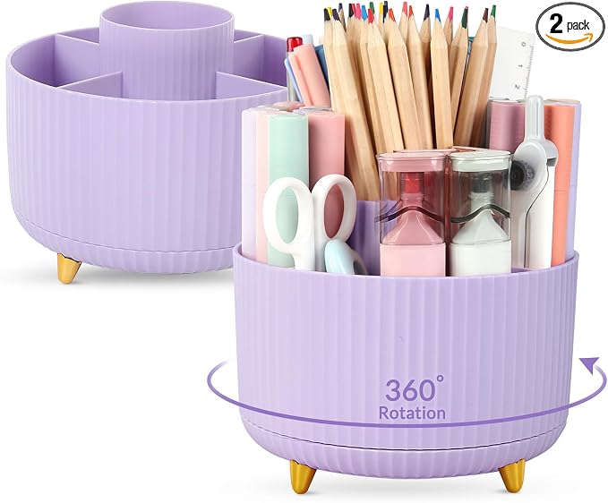 SKYDUE 2 Pack Pen Holder, 360 Degree Rotating Pencil Holder for Desk Organizer, Rotating Desktop Pen Organizer with 5 Slots, Office Supplies, Pencil Cup for Office, School, Home by SKYDUE