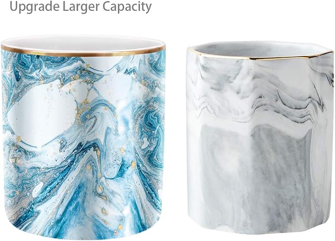 Pen Pencil Holder for Desk, Marble Desk Decor Organizer, Durable Ceramic Pencil Cup Holder Marble Design Makeup Cups for Brushes for Office, Classroom, Blue - Image 4