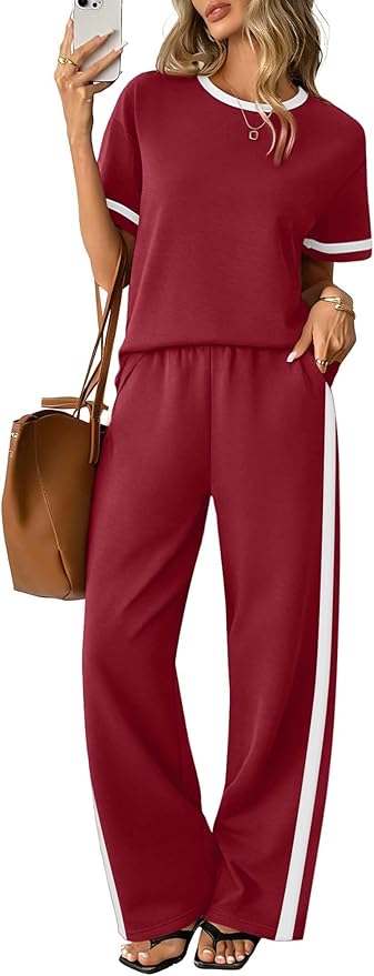 Sampeel 2 Piece Sets for Women Matching Sets Summer Outfits Resort Wear Short Sleeve Lounge Set Wide Leg Pants with Pockets by SAMPEEL