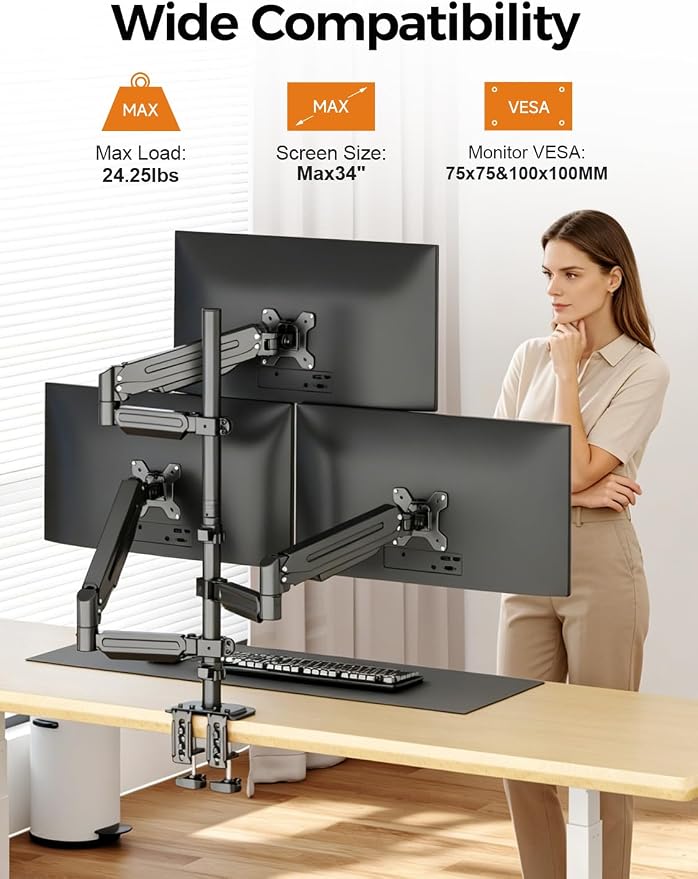 Bracwiser Triple Monitor Mount for Max 34" Screens, up to 24.25lbs Each, Full Adjustable 3 Monitor Desk Stand, Three Gas Spring Arm with Tilt Swivel Rotation, VESA 75x75/100x100mm, Black, MDX883B - Image 2