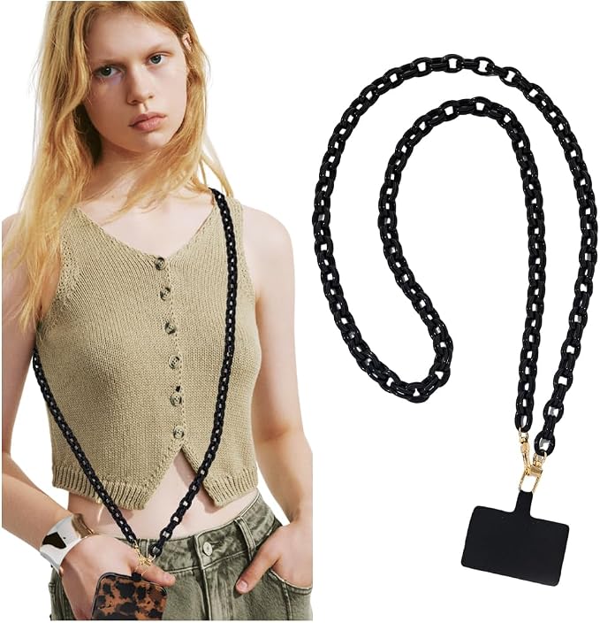 Phone Crossbody Chain CellPhone Lanyard, Acrylic Shouder Strap Universal Lanyard Chain with Tether Patches Compatible with Most Phones Bag Purse (Black by Turkalla