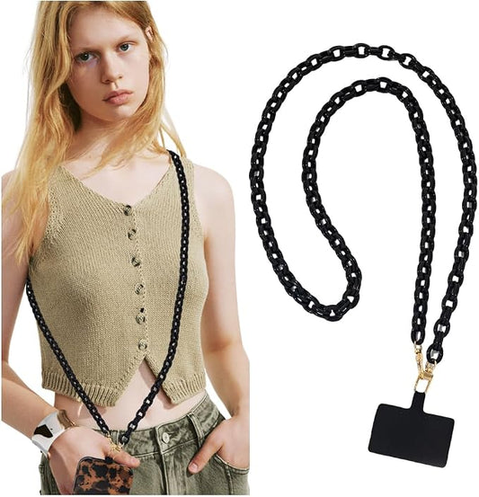 Phone Crossbody Chain CellPhone Lanyard, Acrylic Shouder Strap Universal Lanyard Chain with Tether Patches Compatible with Most Phones Bag Purse (Black by Turkalla