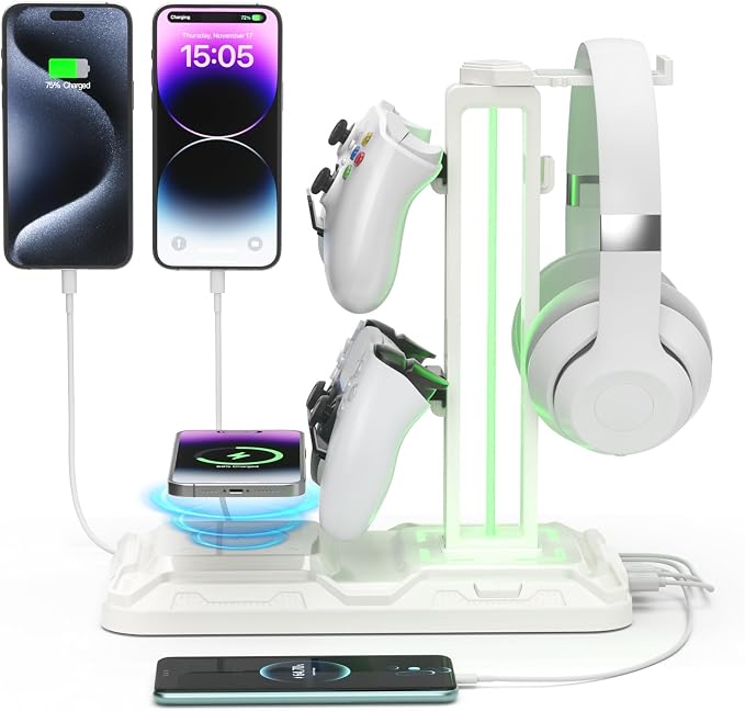 KDD RGB Headphone & Controller Stand with Wireless Charging - Rotatable Headset Stand with 9 Light Modes - Controller Holder with 2 USB and Type C Ports - for Gamers Desktop Accessories(White) by KDD