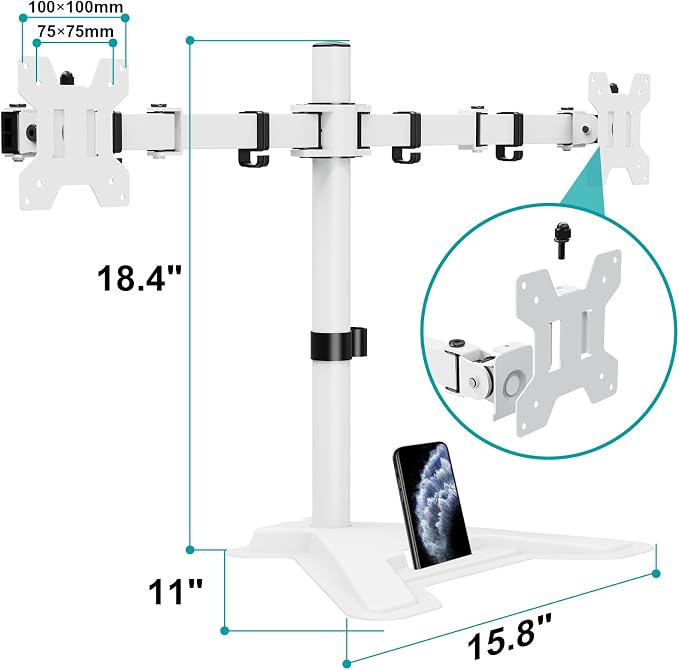 MOUNT PRO Dual Monitor Stand, Free-Standing Full Motion Monitor Desk Mount Fits 2 Screens up to 27 inches,17.6lbs with Height Adjustable, Swivel, Tilt, Rotation, VESA 75x75 100x100,White - Image 9