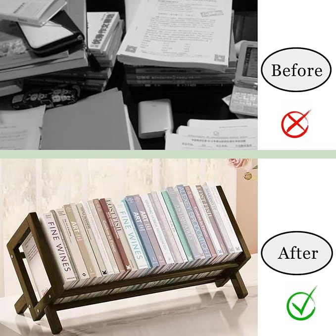 Wood Tilting Bookcase in Living Room/Home/Office, Desktop Book Shelf Organizer Bookshelves Storage Rack for CDs/Magazine/Books Display (Coffee, 19.68"-L) - Image 6