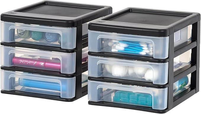 IRIS USA 2-Pack, 3-Drawer Small Plastic Stacking Desktop Organizer, Black | Organize office supplies, stationery, makeup, craft materials and everyday essentials for neat desktop storage by IRISUSA