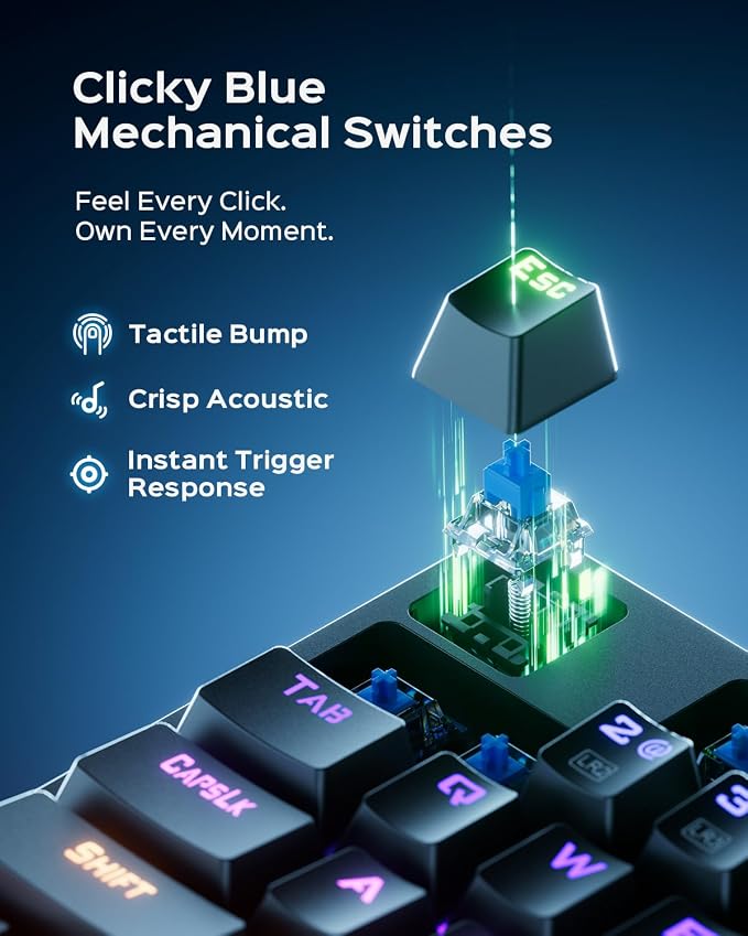 wegear Wired Mechanical Gaming Keyboard with Clicky Switch,104-Key, Black | Full Size, 11 Modes RGB Backlit, Anti-Ghosting, Double-Shot ABS Keycaps, Lighted Computer Key-Board for PC Windows - Image 2