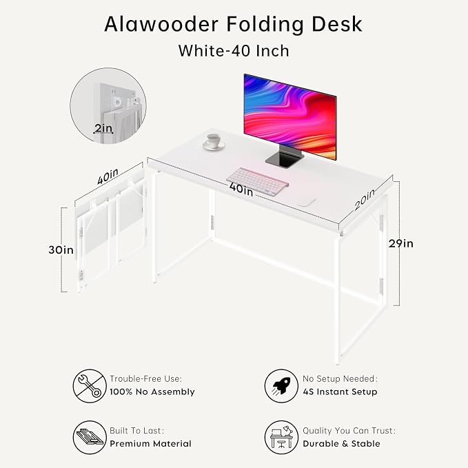 alawooder 39.4" Folding Desk: No Assembly, Wood Top for Small Spaces | 39.4 in dual-monitor workspace, holds 150 lbs, folds flat to 2.3 in, splash-proof top, home office or gaming - Image 3