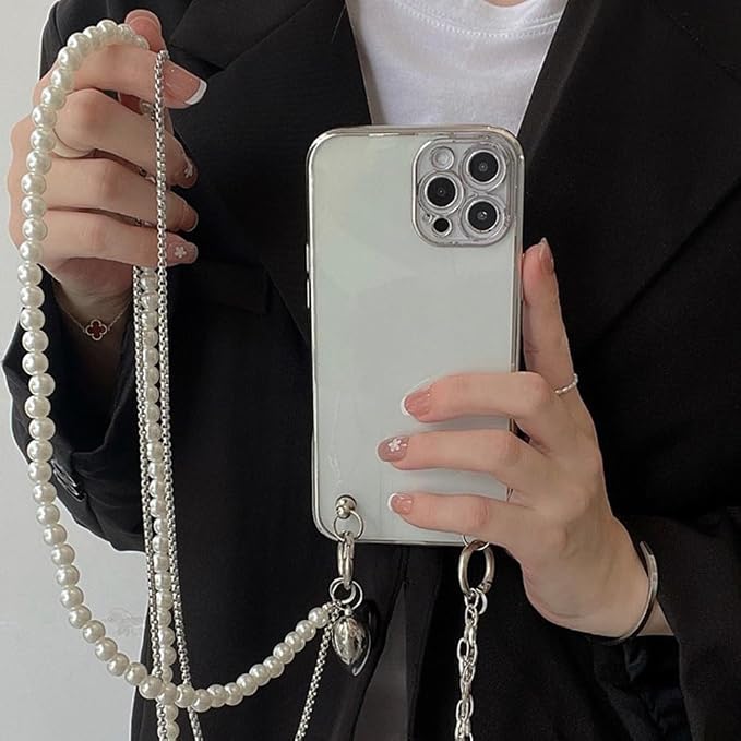 Phone Crossbody Lanyard Double Phone Lanyard,Pearl Chain&Metal Chain Double Universal Phone Strap with Phone Tether Patches for Most Phone(K) - Image 5