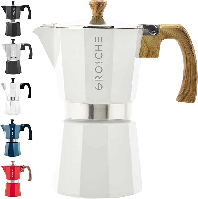 GROSCHE Milano Stovetop Espresso Maker Moka Pot 6 espresso Cup 9.3 oz White | Cuban Coffee Maker And Italian Moka Pot For Stovetop Espresso; For Gas, Electric, And Propane Stoves With A Soft-Touch Handle by GROSCHE