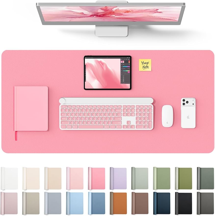 YSAGi Leather Desk Protector, Office Mat, Large Mouse Mat, Non-Slip PU Leather Blotter, Laptop Desk Mat, Waterproof Writing Pad for Office and Home (Pink, 35.4" x 17") by YSAGi