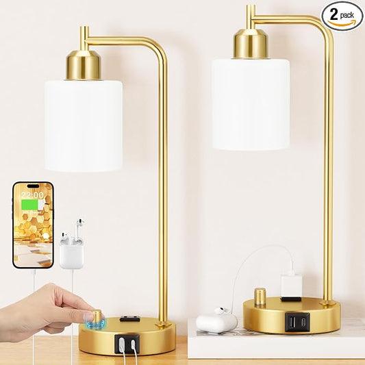 Innqoo Industrial Table Lamps for Bedroom Set of 2 - Fully Dimmable Bedside Lamps with USB Ports and Outlet, Gold Nightstand Lamps with Opal Glass Shade for Living Room, Desk Lamps for Office Reading by Innqoo