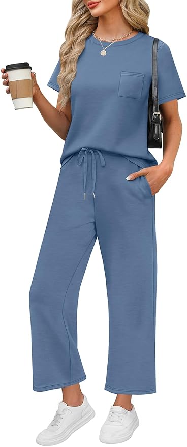 WIHOLL 2 Piece Sets for Women Casual Summer Travel Vacation Outfits Short Sleeve Wide Leg Crop Pants Lounge Sets by WIHOLL
