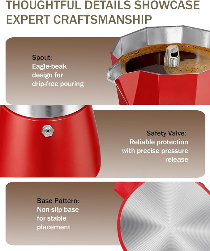 Coffee Maker Stovetop Espresso Maker 6 Cup Aluminum Moka Pot Percolator 10oz 300ml Easy Brewing for Electric Ceramic Stoves Home Camping Italian Cuban Café Classic Red - Image 7