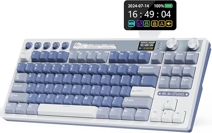 RK ROYAL KLUDGE M87 Wireless Gaming Keyboard with Screen & Dual Knobs, Blue | Bluetooth/2.4G/Wired, Hot Swappable Cream Switches, 5-Layer Noise Dampening Gasket Structure,Compact 75% Size for PC/WIN/Mac by RKROYALKLUDGE