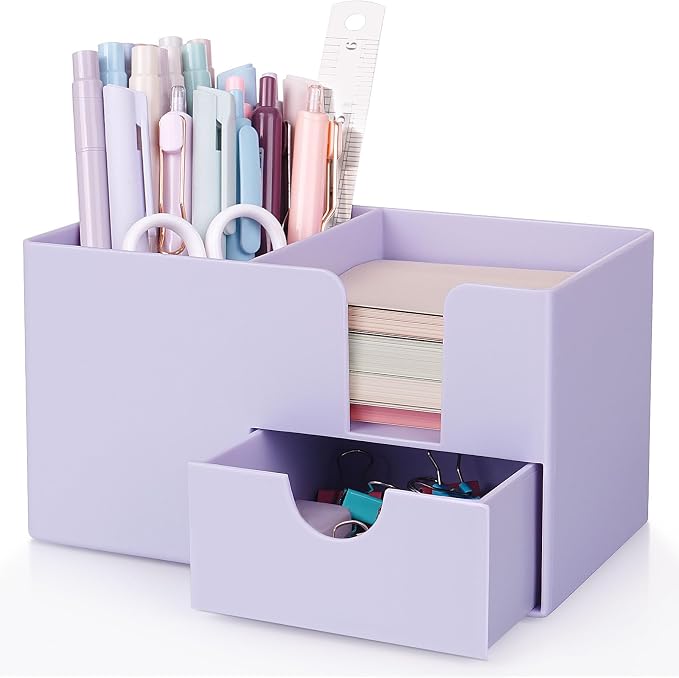 SKYDUE Small Desk Organizer with Drawer | 3 Compartments, Desk Pen Holder, For Home, School, Classroom & Office by SKYDUE