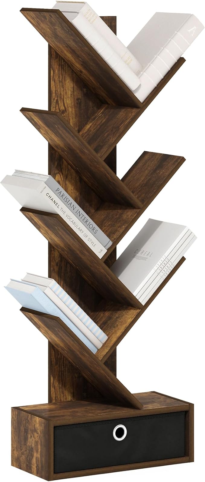 Furinno Tree Book Shelf, 7-Tier Bookshelf, Tree Bookcase with Bin Drawer, 8.4 x 16.9 x 46.2, for Living Room, Bedroom, Home Office, Amber Pine/Black by Furinno-FitsYourSpaceFitsYourBudget