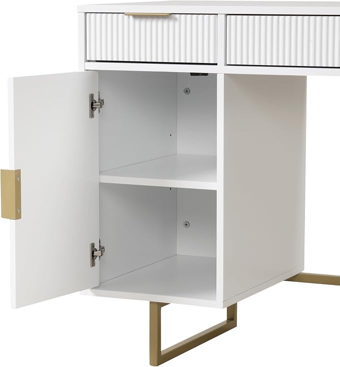 Nathan James Jacklyn White Modern Computer Desk, Workstation or Writing Desk for Small Spaces with Drawers and Cabinet Storage, White/Pale Gold - Image 5