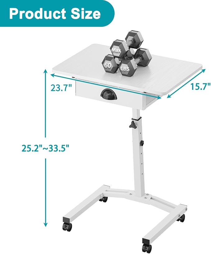 Rolling Adjustable Height Computer Desk With Drawers, Small Mobile Laptop Desk Cart On Wheels For Small Spaces Home Office, Portable Sitting Laptop Table For Bed Couch Load Up To 60LBS, Sturdy, White - Image 3