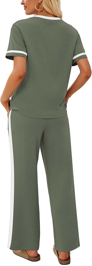 Sampeel 2 Piece Sets for Women Matching Sets Summer Outfits Resort Wear Short Sleeve Lounge Set Wide Leg Pants with Pockets - Image 5
