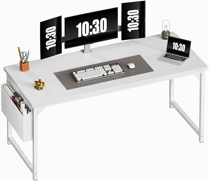 OLIXIS Computer Desk, 63 Inch Gaming Desks for Home Office Small Spaces | Writing Study Craft Work Table, Computer Workstation for Bedroom with Storage Bag, All White by OLIXIS