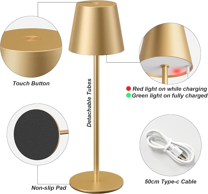 Kakanuo Cordless Table Lamp Rechargeable Gold - 4 Pack Battery Operated Lamp for Dining Table, 3 Color Stepless Dimming Wireless Lamp for Counter, Outdoor Patio, Touch Control - Image 5