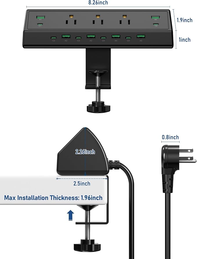 Jgstkcity 90W Desk Clamp Power Strip,12 USB Ports (6 PD 45W USB-C),Surge Protector,ETL Listed Power Hub Extension Cord,Fast Charging Station for Home Office Desk Edge Mount (Black,12 USB-90W) - Image 7