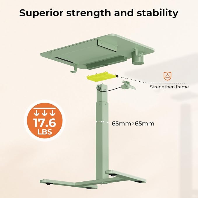 28" Mobile Standing Desk with Drawer, Portable Laptop Desk | Rolling Desk with Cup Holder and Hooks, Height Adjustable Computer Cart with Storage, Lockable & Hidden Wheels, Sage Green - Image 8