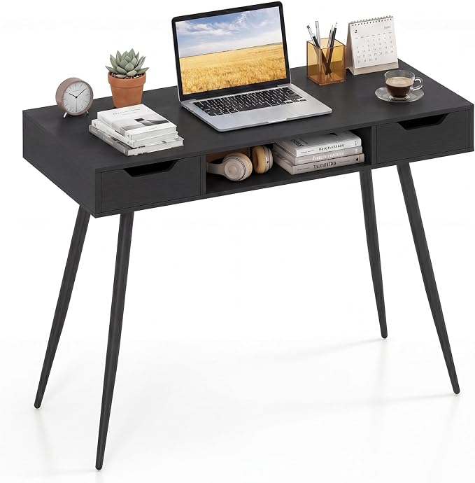 Giantex Mid Century Modern Computer Desk with Drawers, 42.5" Writing Desk with Open Storage Cubby, Vanity Table with Metal Leg, Compact Wooden Study Table for Small Spaces Home Office (Black) by Giantex