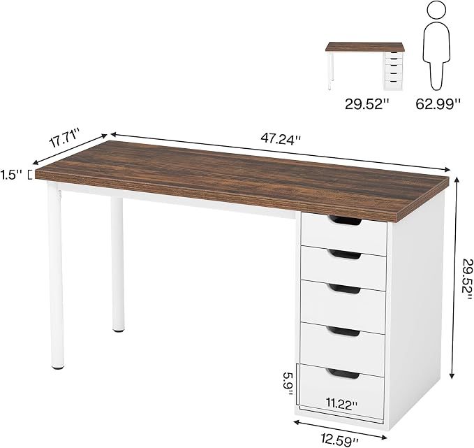 Tribesigns Computer Desk with 5 Drawers, 47 inches Rustic Brown Home Office Desk with Storage, Modern Simple Laptop Desk Study Writing Table for Small Spaces (1, Brown+White) - Image 2