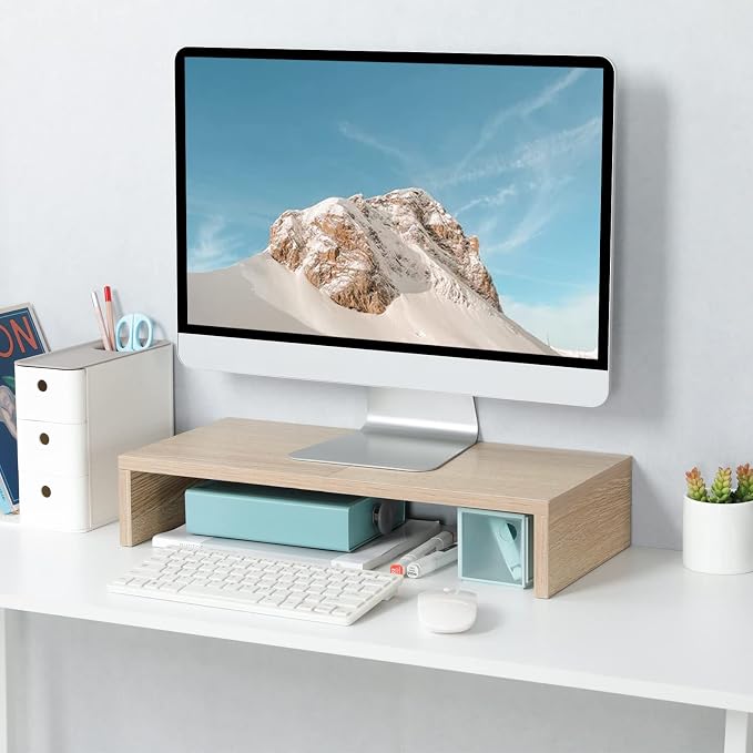 TEAMIX 20 Inch Wood Monitor Stand Riser, Wooden Desktop Stand for PC/TV/Laptop/Printer, Cozy Monitor Riser with Storage, Computer Stand Space-Saving - Image 2